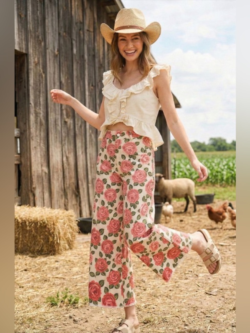 Multi floral rose patchwork barrel wide leg western flare bohemian pants jeans